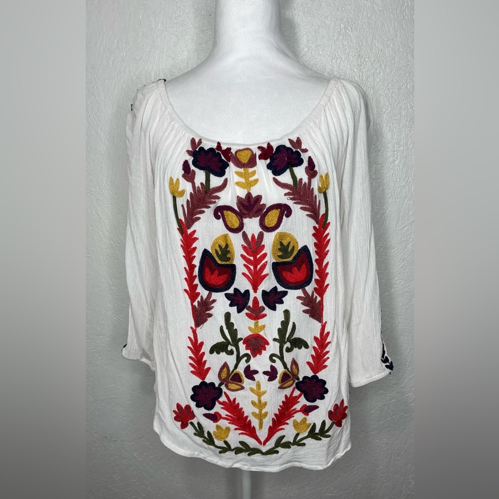 Solitaire Multicolor Embroidered Boho Peasant Spring Summer Resort Blouse Lg - Picture 4 of 13